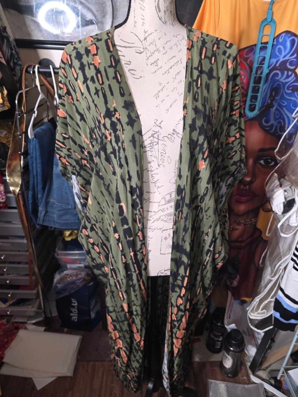 Green & Orange Abstract Print Open-Front Kimono Cardigan Rayon One Size